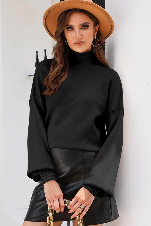 Turtleneck Lantern Sleeve SweaterRibbed Cuff Knit Tops