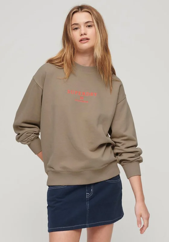 Superdry Womens Embroidered Loose Crew Sweatshirt, BeigeCrewneckmovement