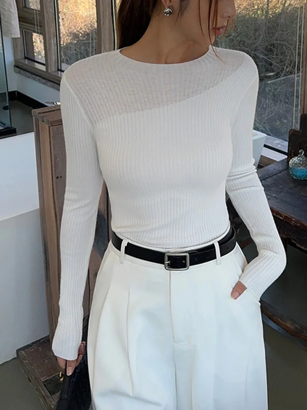 Knit Ribbed Crew Neck Asymmetric TopCrewneckcollar