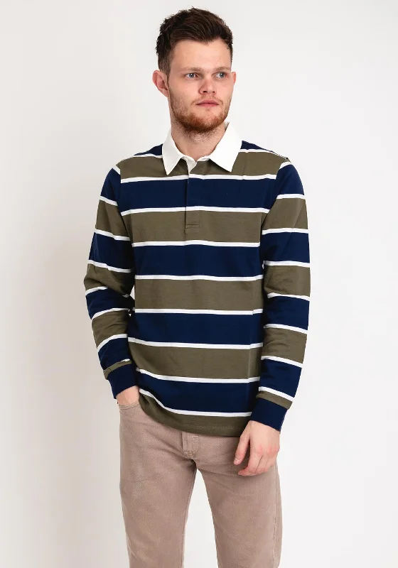 Button-up polo shirtRemus Uomo Barstripe Long Sleeve Polo Shirt, Navy & Green