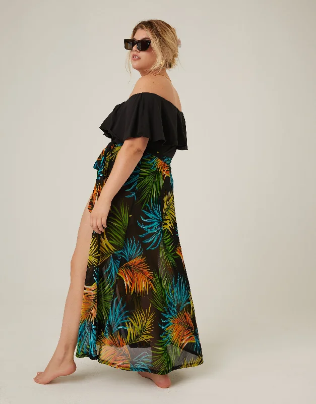 Women's sleeveless topsPlus Size Tropical Print Tie Skirt