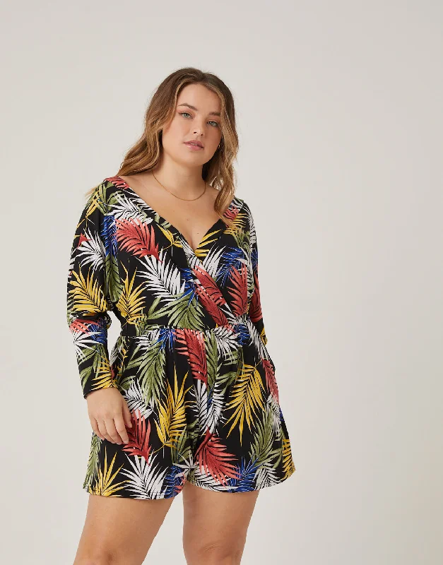 Large women's oversize topsPlus Size Tropical Leaves Romper