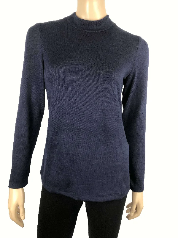 Women's Sweater Navy Mock neck - Made In CanadaSheer Knit Tops