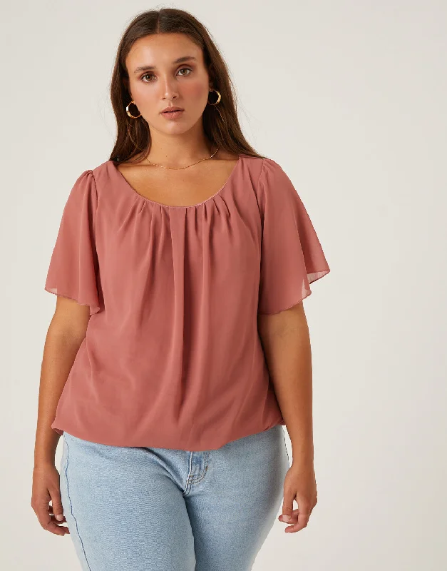 Plus size women's solid color topsPlus Size Chiffon Flutter Sleeve Blouse