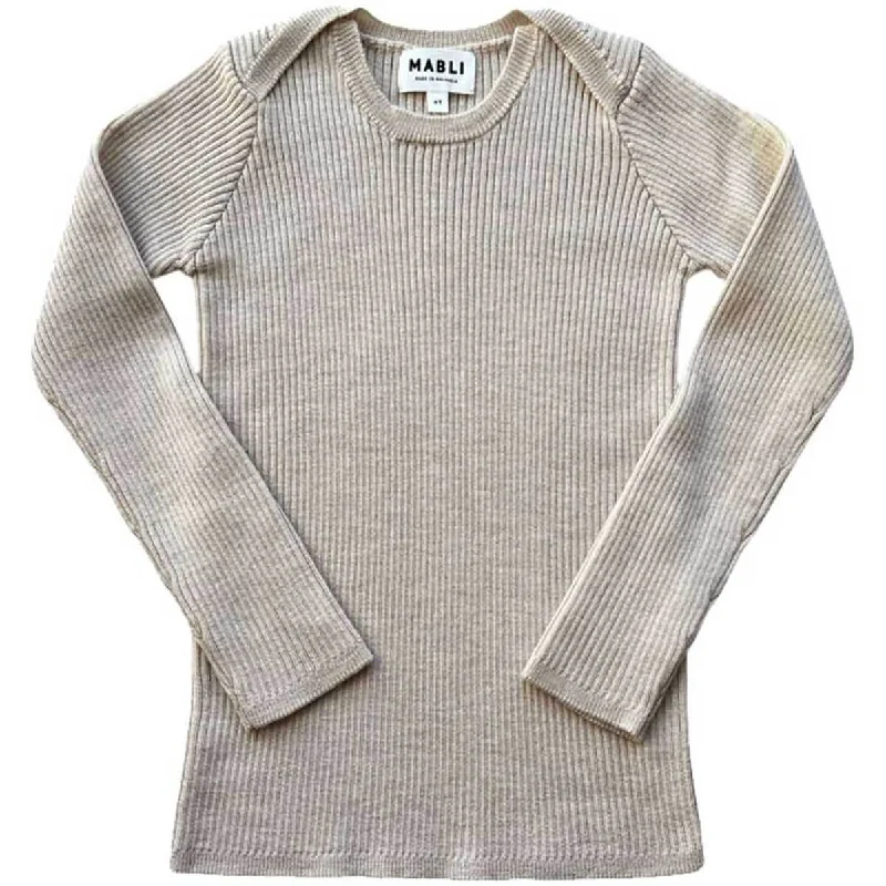 Sylfaen Skinny Rib Long Sleeve Top in Almond by Mabli - Last One In Stock - 6 MonthsScoop Neck Knit Tops