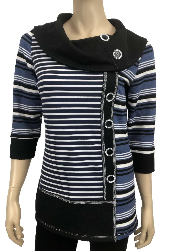 Women's Sweater Top Blue stripe with Cowl Neck - Made In CanadaSkateboard Knit Tops