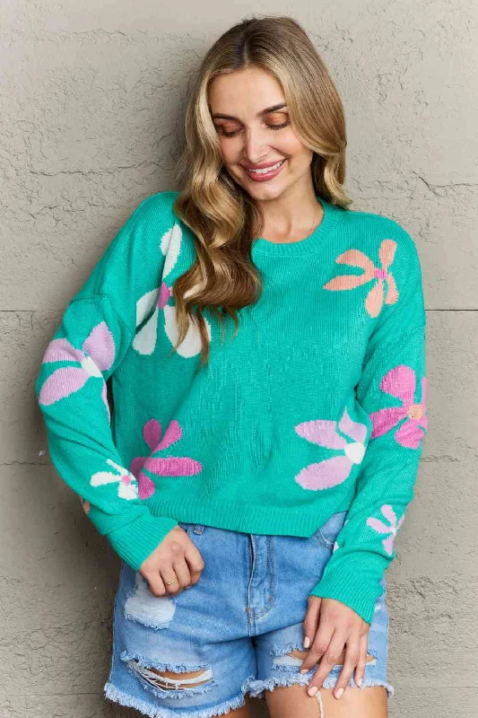 Floral Dropped Shoulder Ribbed Trim SweaterBeaded Knit Tops