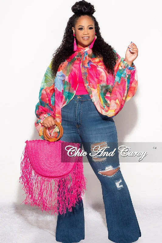 Final Sale Plus Size Sheer Balloon Sleeve Crop Top in Fuchsia Floral Multi Color PrintCroptopcashmere