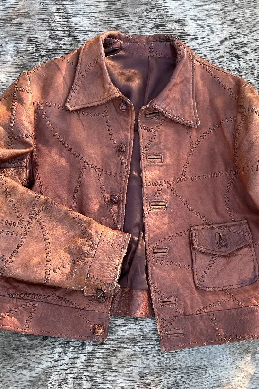 Camping JacketsSOLD OOAK Vintage Patchwork Leather Jacket, Brown Leather Hippie Jacket Slim Fit