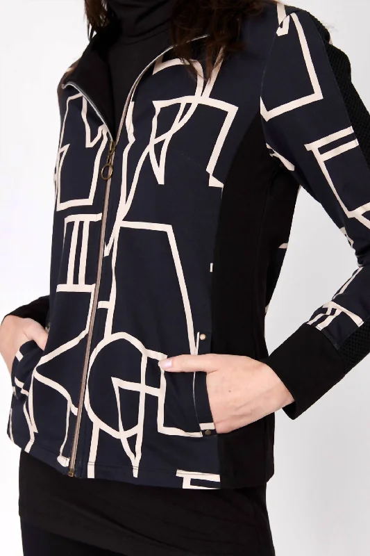 Fringed JacketsGeometirc Print Zip Jacket In Black