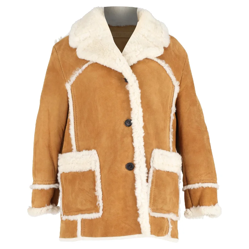 Leather-Paneled JacketsMiu Miu Shearling Single-Breasted Jacket with Pockets in Brown Suede